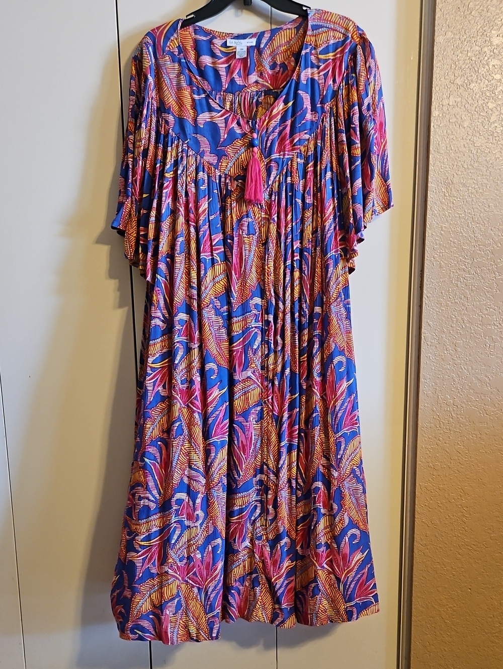 Blue Midi Dress with Pink & Gold Tropical Print and Tassel